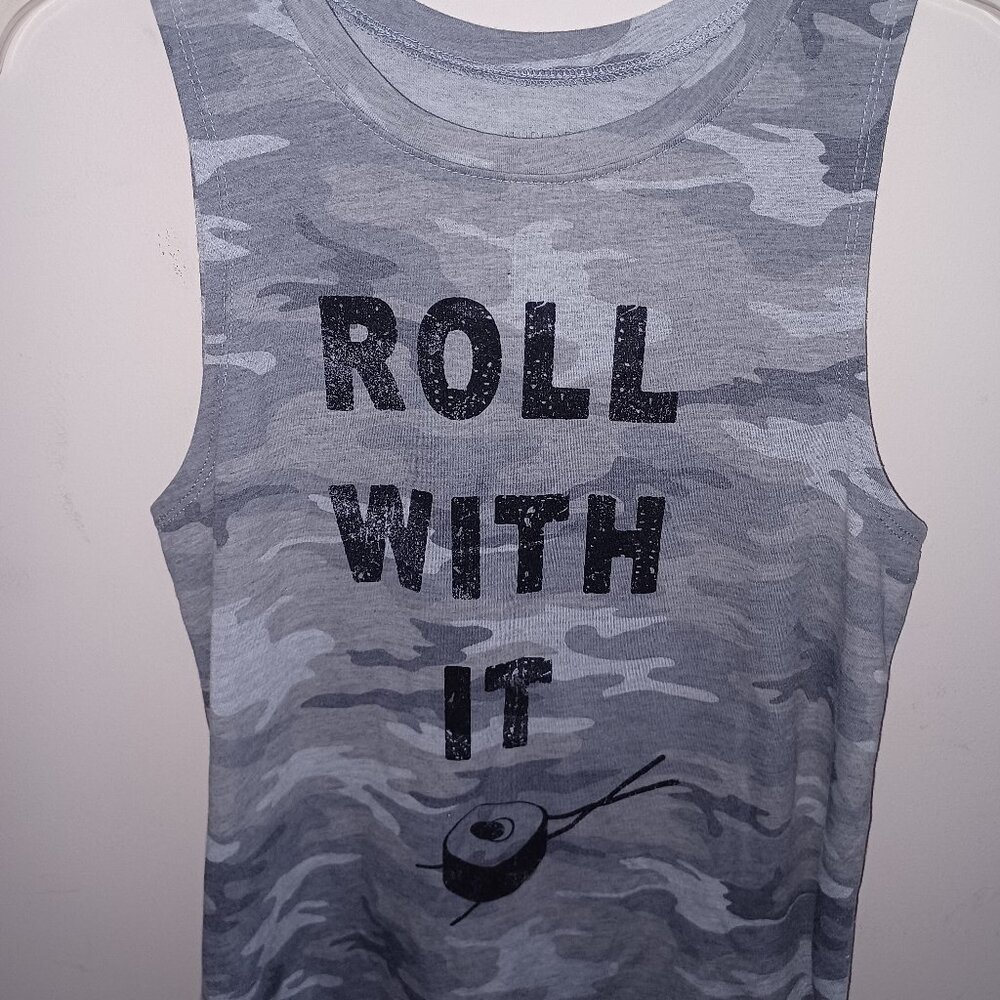 Grayson Threads "Roll With It" sushi camo gray muscle tank top shirt Women's XS